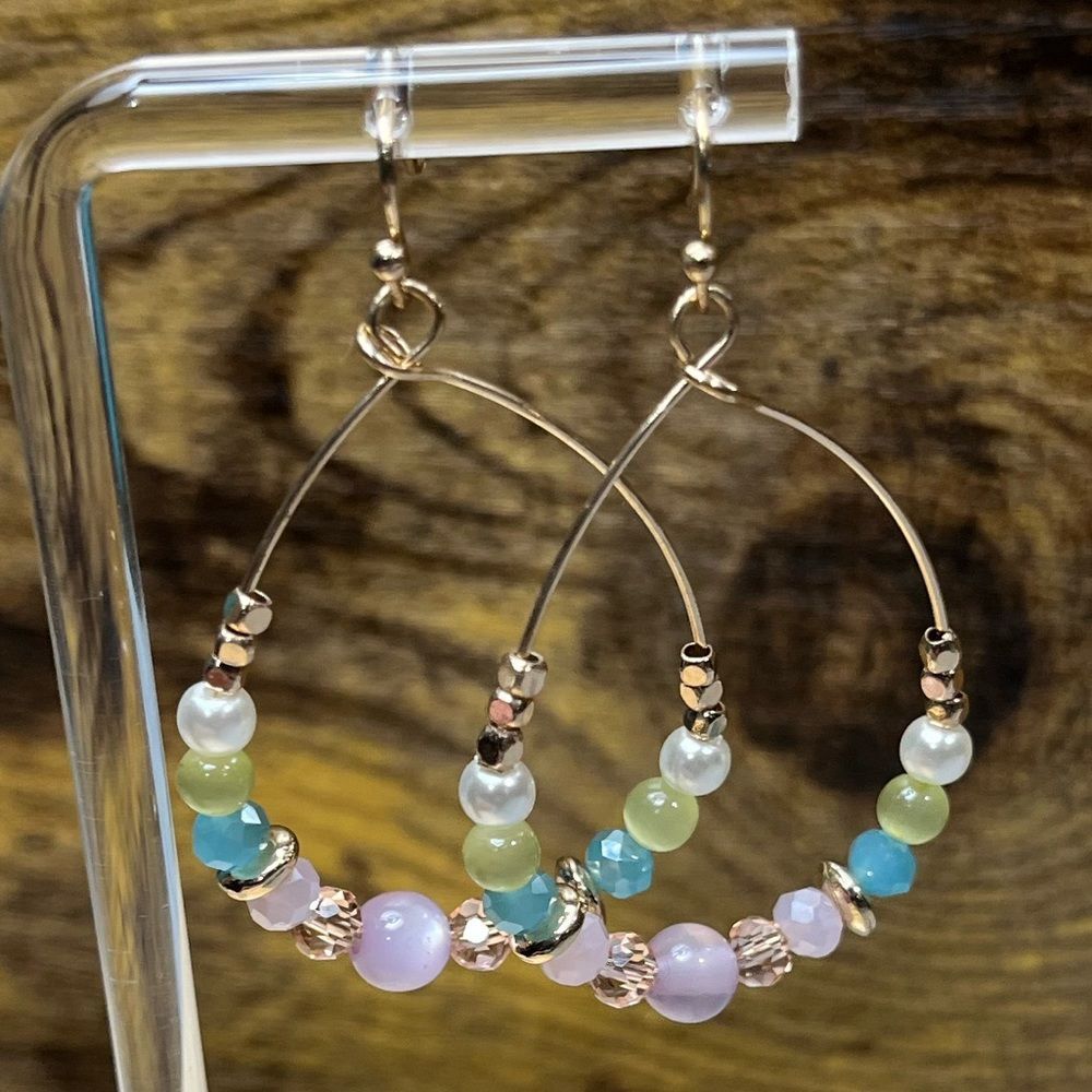 Multicolor Beaded Rose Gold Dangling Earrings - Picture 5 of 6